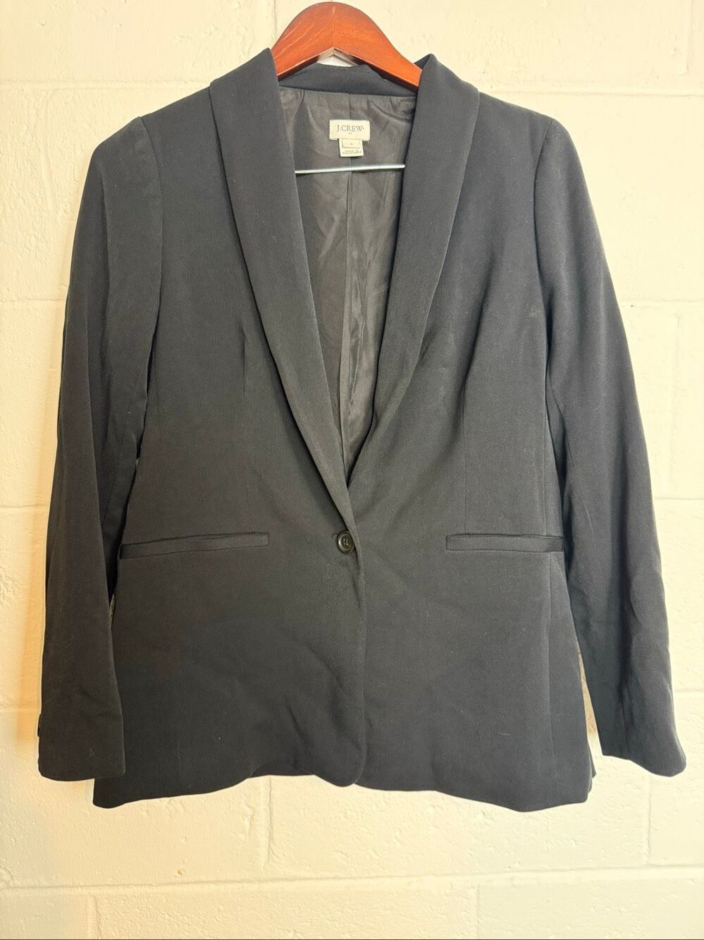 J.Crew Black Twill Blazer Size 6 One Button Shawl Collar Tailored Career Jacket